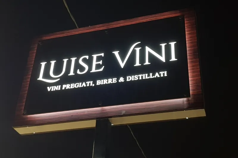 Insegna luminosa LUISE VINI su palo, di notte