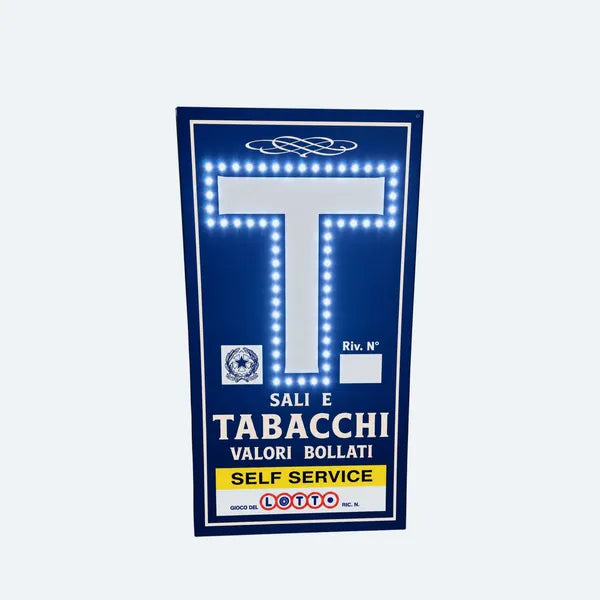 Insegna a LED Tabacchi blu con la T bianca