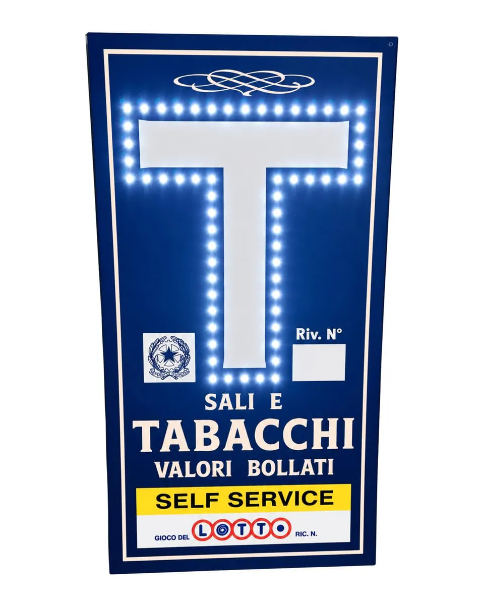 Insegna a LED Tabacchi 40x75 blu, con la T bianca illuminata