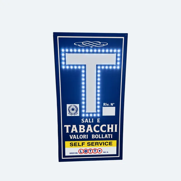 Insegna a LED Tabacchi blu con la T bianca