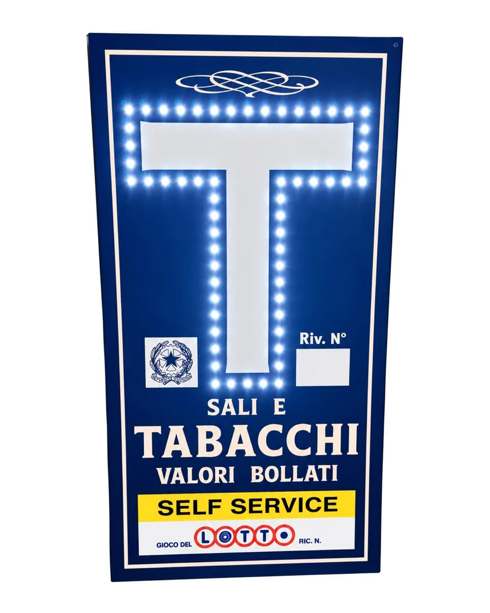 Insegna a LED Tabacchi 40x75 blu, con la T bianca illuminata